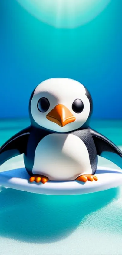 Cartoon penguin on ice under a vibrant blue sky.