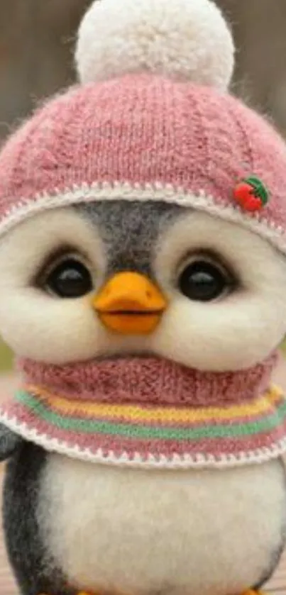 Adorable penguin in pink hat with scarf.