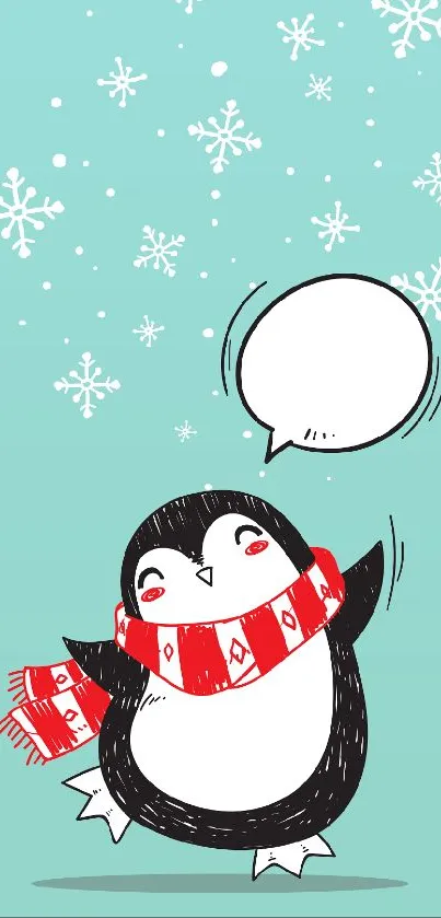 Cute penguin with scarf and snowflakes on light blue background.