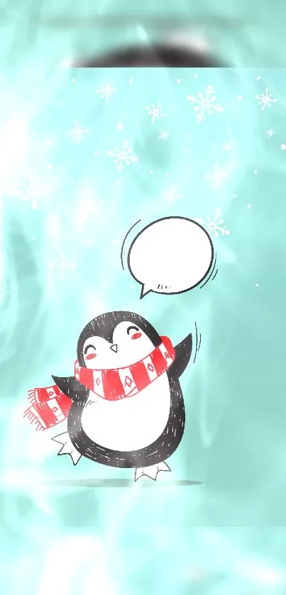 Cute penguin with red scarf on light cyan background, snowflakes around.