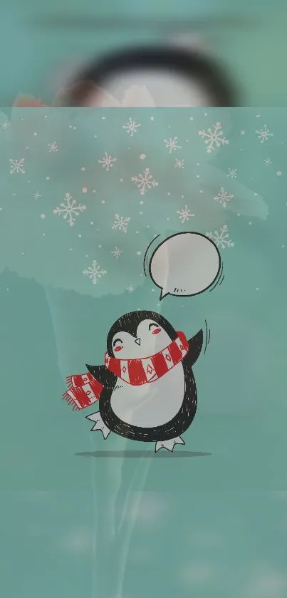 Cute penguin in red scarf with snowflakes on teal background.