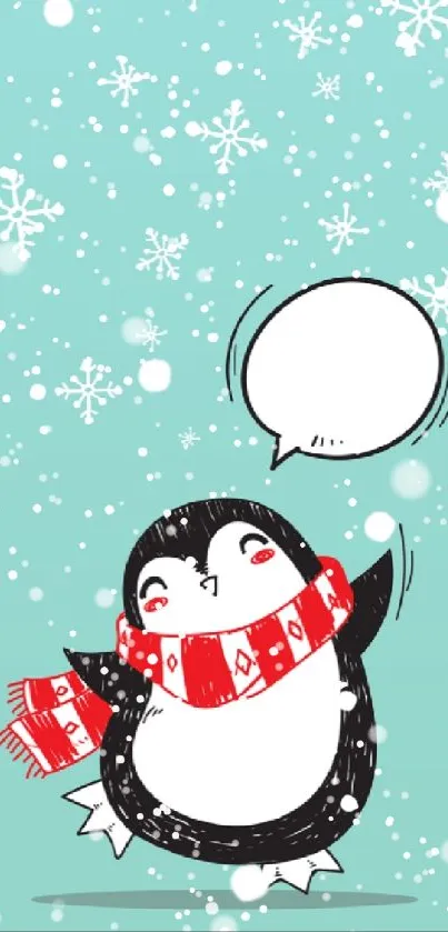 Cheerful penguin in red scarf with snowflakes.