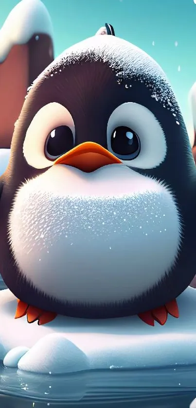Adorable cartoon penguin on icy waters in a winter wonderland.