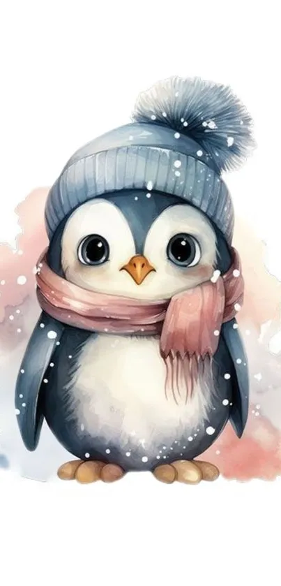 Adorable penguin with blue hat and pink scarf in wintery setting.