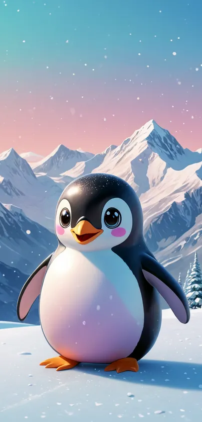 Adorable cartoon penguin in snowy mountain landscape with colorful sky.