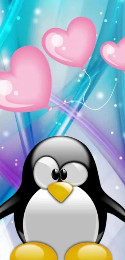 Cute penguin with pink heart balloons on a colorful background.