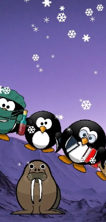 Cartoon penguins in winter gear on snowy mountain with purple twilight sky.