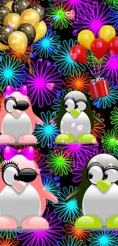 Cute penguins with balloons and fireworks background