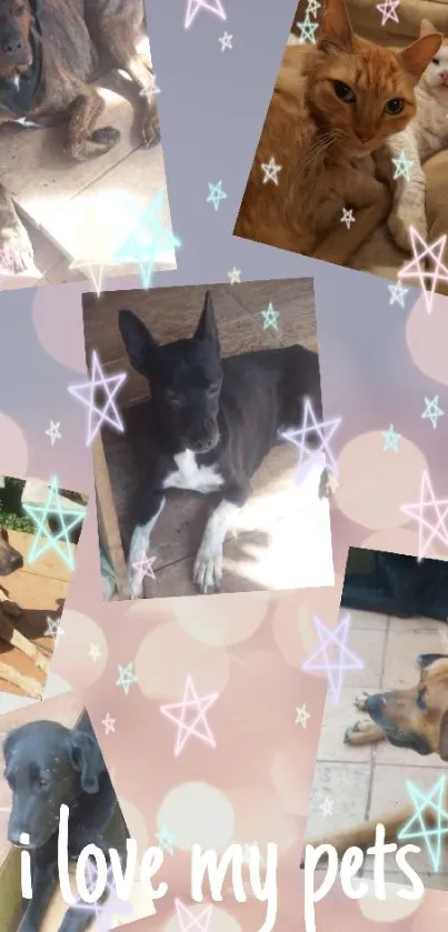 Mobile wallpaper with dog and cat collage featuring stars.