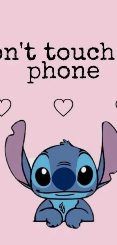 Cute cartoon wallpaper with 'Don't touch my phone' text on pink background.