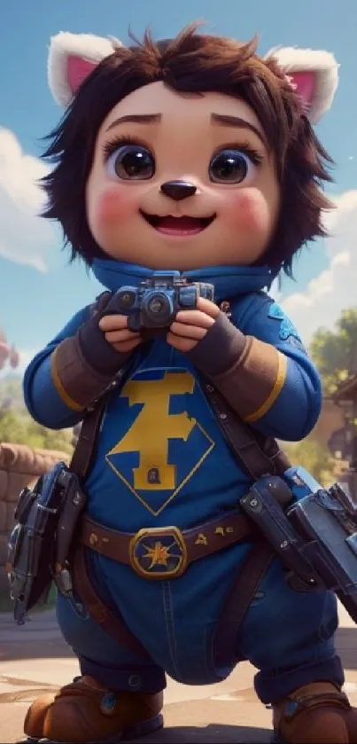 Adorable blue character with camera in village setting.