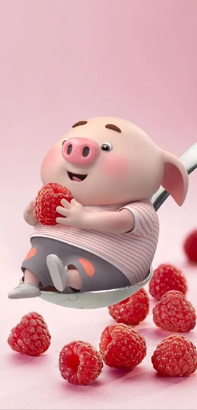 Cute cartoon pig with raspberries on pink background.