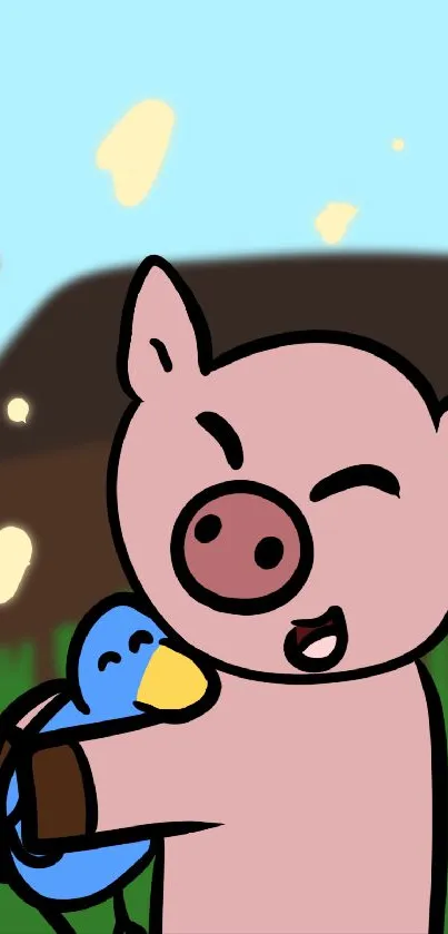 Cartoon pig joyfully hugging a blue bird with a barn background.