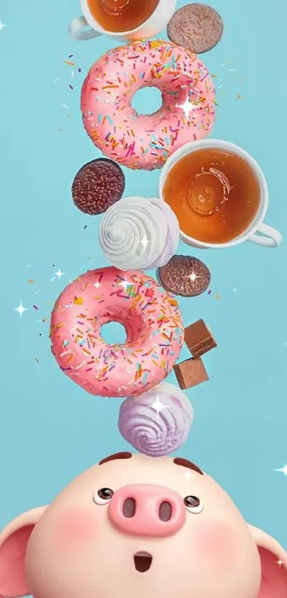 Cute pig juggling donuts and tea cups on blue background.