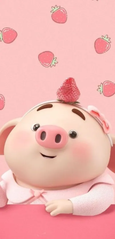 Cartoon pig with strawberries on a pink background.