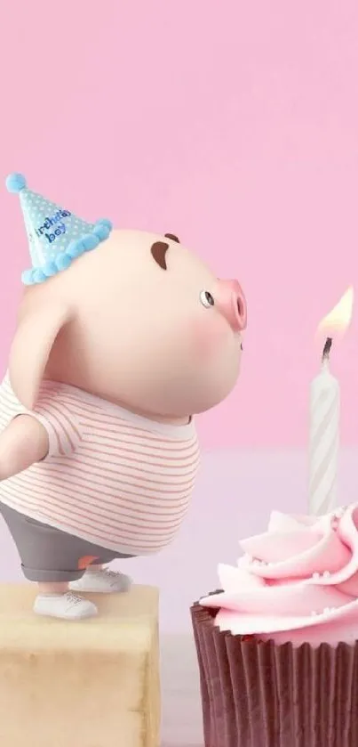 Cartoon pig with cupcake candle on pink background.