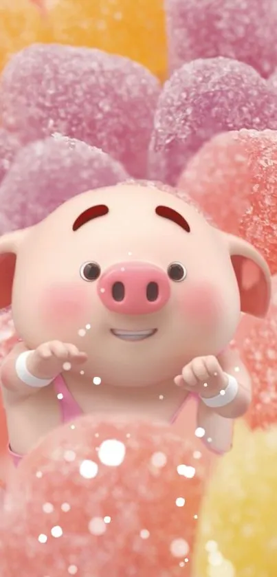 Cute animated pig surrounded by colorful candies.