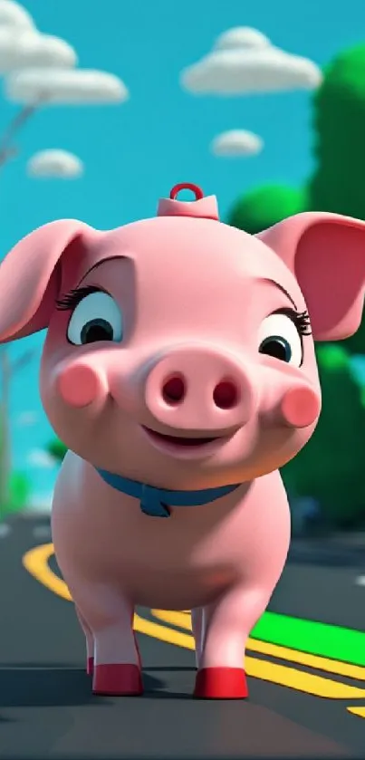 An adorable cartoon pig walks on a vibrant street.