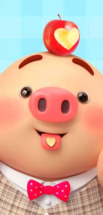 Cute pig cartoon with heart-shaped apple on head.