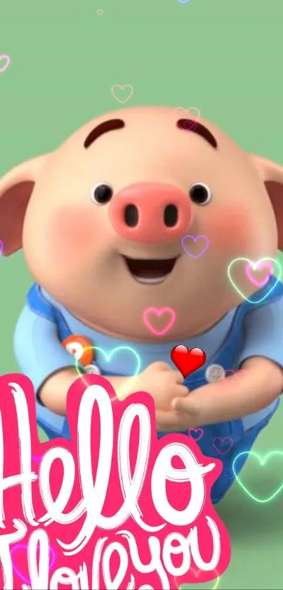 Cartoon pig with hearts and 'Hello' text on mint green background.