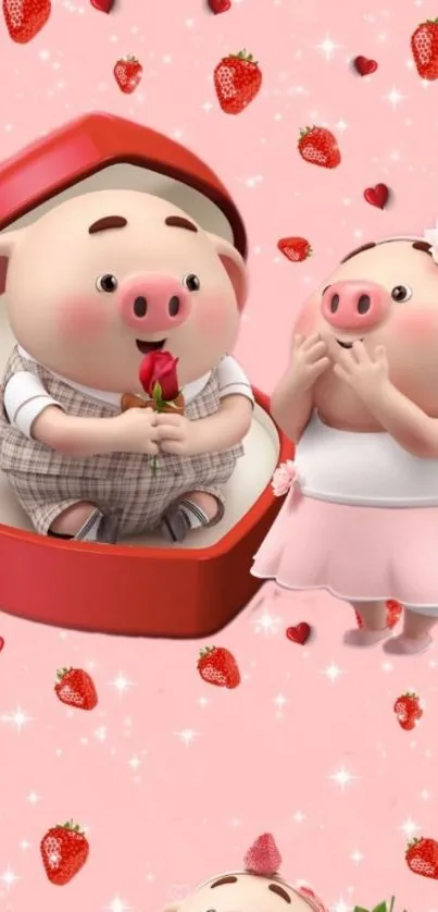 Adorable cartoon pig couple with strawberries and hearts on a pink background.