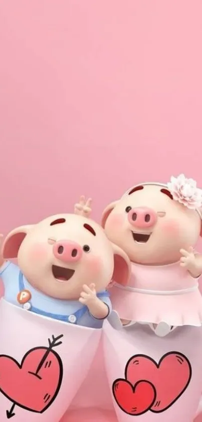 Adorable cartoon pigs sitting in heart-decorated coffee mugs on a pink background.