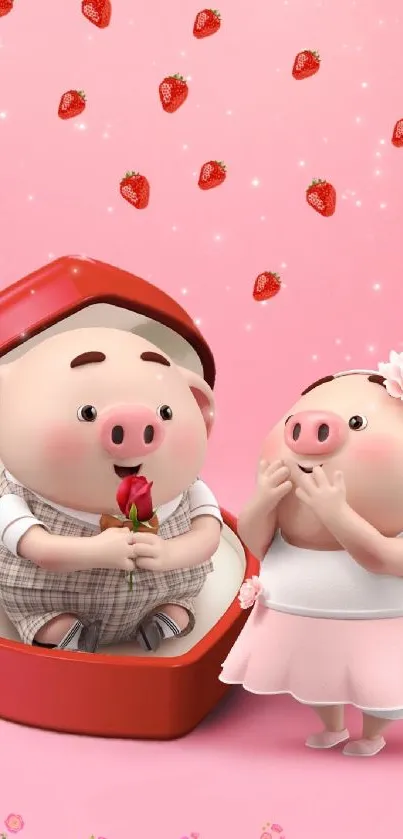 Cute pig couple with a pink strawberry background.