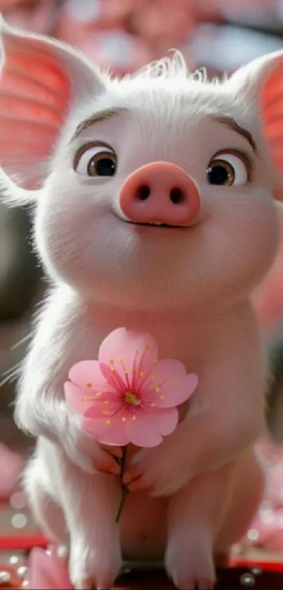 Cute piglet holding a pink flower.