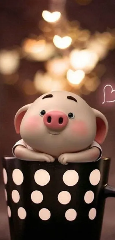 Cute pig in polka dot mug with heart bokeh background.