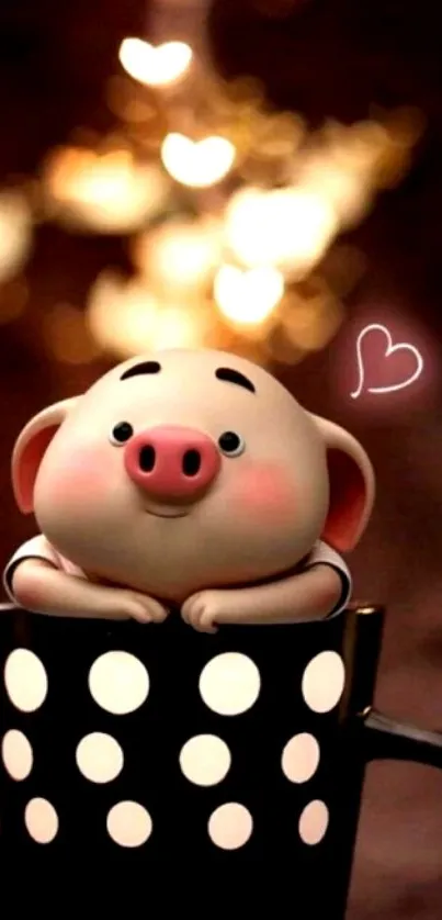 Adorable piglet in polka dot mug with heart bokeh lights.