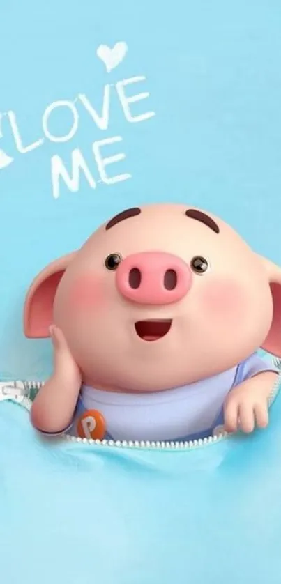 Cute cartoon pig peeks out from a blue zipper background.