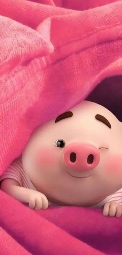 A winking cartoon pig peeks out from a pink blanket in this charming wallpaper.