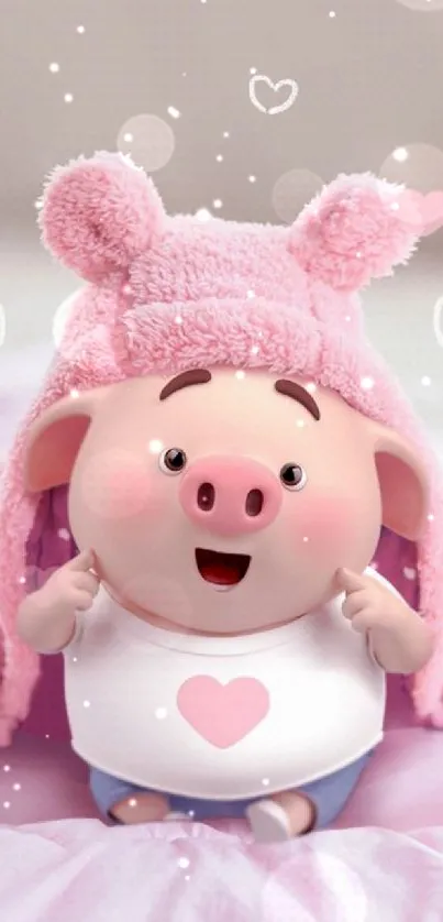 Adorable piglet in pink hat mobile wallpaper with hearts.