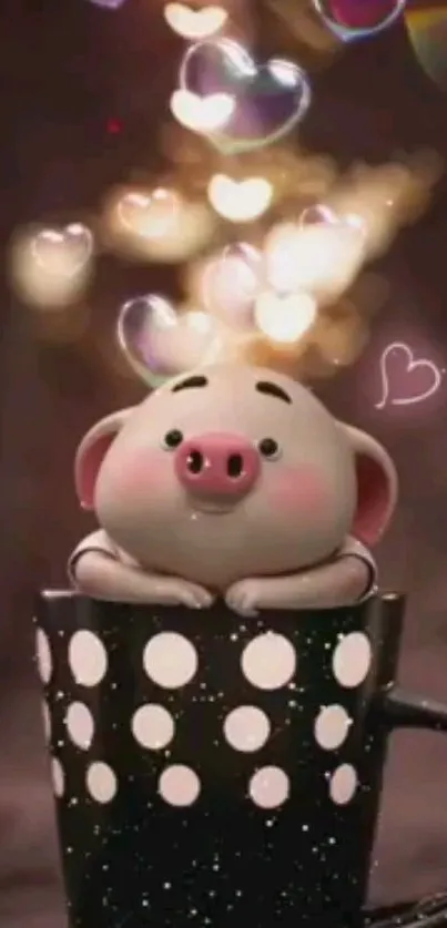 Cute piglet in polka dot mug with glowing heart bokeh.