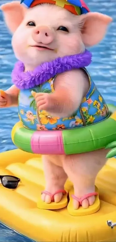 Cartoon pig in summer attire on pool float with blue water background.