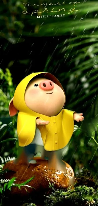 Charming piglet in yellow raincoat amidst lush greenery.