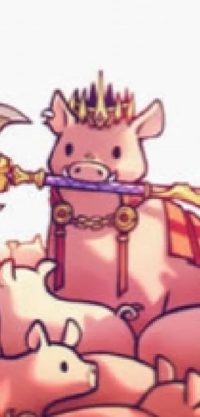 Cute pig king with axe leading herd. Fantasy art.