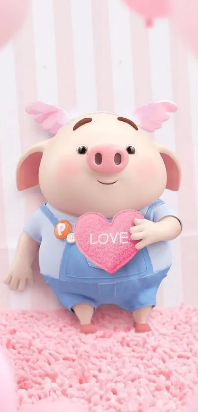 Cute pig holding heart on pink backdrop.