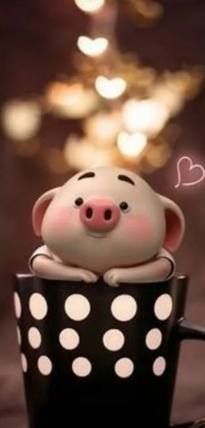 Adorable pig in polka dot mug with glowing hearts, perfect for mobile wallpaper.