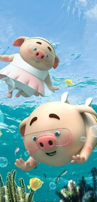 Cute cartoon pigs swimming underwater in a vibrant ocean scene.