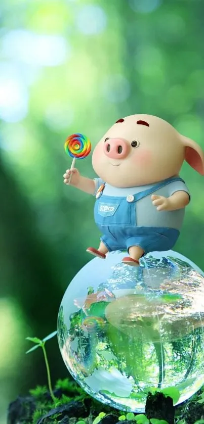 Cute pig sits on a glass globe, holding a lollipop, with a green nature background.