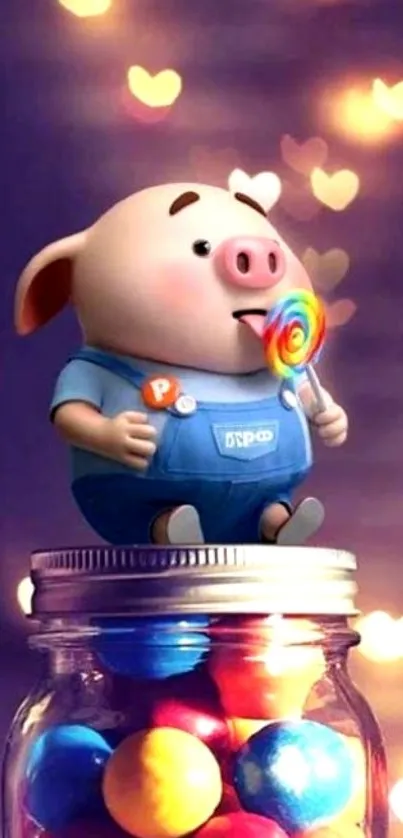 Cute cartoon pig atop a candy jar with glowing heart lights.