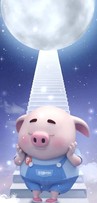 Adorable pig on celestial stairway with moon and starry sky.