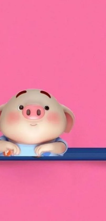 Cute cartoon pig on a pink background.