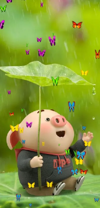 Adorable pig under leaf in rain, cartoon wallpaper.