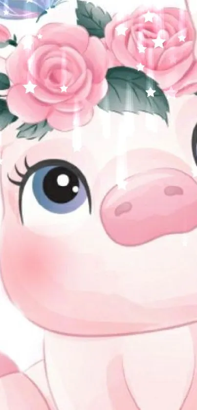 Cute cartoon pig with a pink floral crown design.