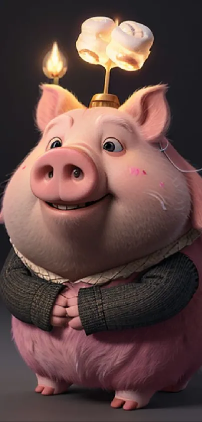 3D cartoon pig with marshmallows on its head, smiling.