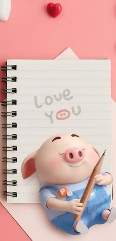 Cute 3D pig with 'Love You' note on pink background.