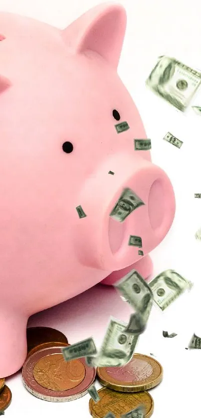 Cute piggy bank surrounded by coins on white background.