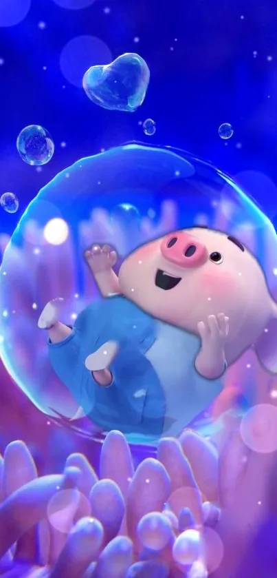 Cute piglet in a blue bubble amidst vibrant underwater scenery.